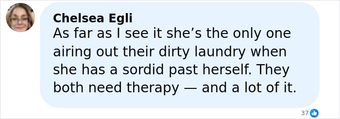 Comment from Chelsea Egli discussing airing dirty laundry and the need for therapy in a social media post.
