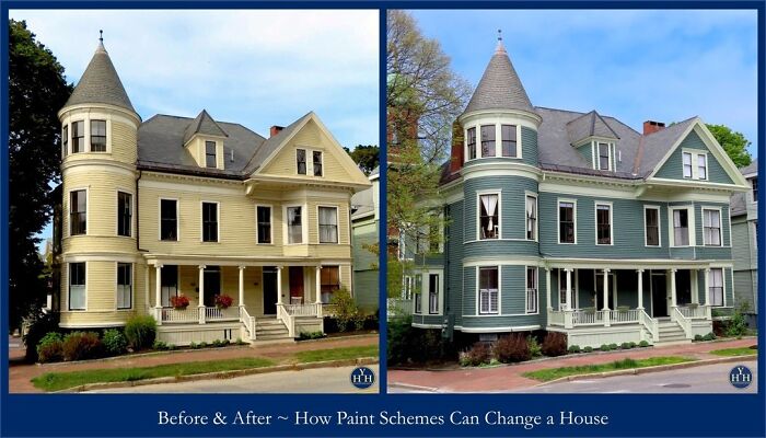 Side-by-side comparison of a historic house restored to its historical glory with updated paint and trim details.