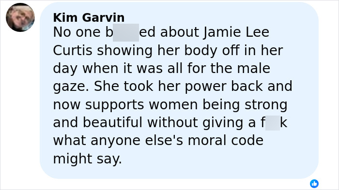 Comment supporting Jamie Lee Curtis' reaction to Sydney Sweeney&rsquo;s braless look sparking online drama and discussions.