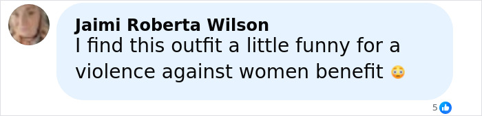 Comment from Jaimi Roberta Wilson expressing that the outfit seems funny for a violence against women benefit.