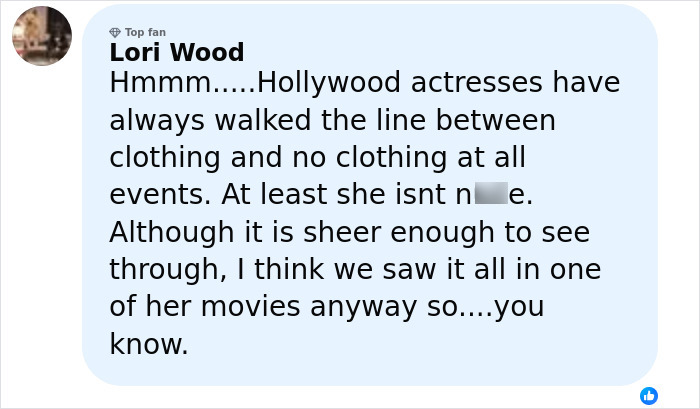 Comment from Lori Wood discussing Hollywood actresses&rsquo; fashion choices and Sydney Sweeney&rsquo;s braless look stirring online drama.