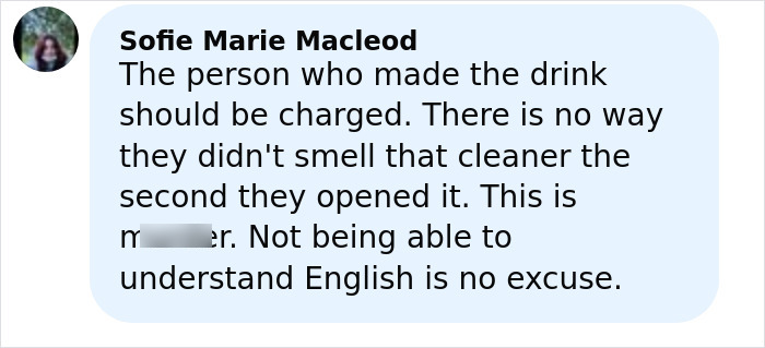 Comment from Sofie Marie Macleod expressing anger about a restaurant's fatal mistake when making a drink for a mom.