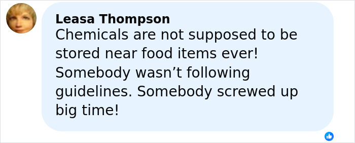 User comment about restaurant's mistake causing harm, emphasizing improper storage of chemicals near food items.