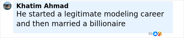 Comment about world's hottest felon starting a modeling career and marrying a billionaire in a social media post.