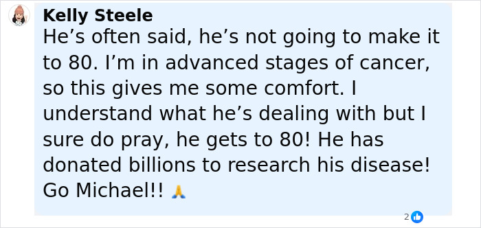 Comment from Kelly Steele expressing support for Michael J. Fox and mentioning his health and disease research donations.