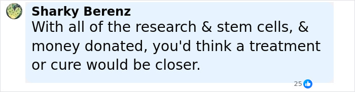 Comment from Sharky Berenz expressing hope for a closer treatment or cure amid research on Michael J. Fox&rsquo;s health update.