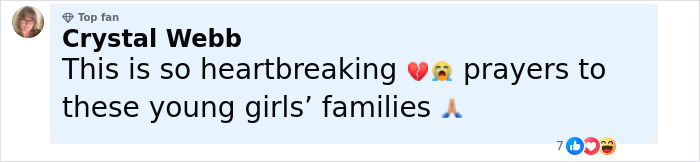 Comment expressing heartbreak and prayers for families of young girls, related to 12YO who lost life subway surfing incident.