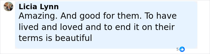 Comment from Licia Lynn expressing support for Holocaust survivor Ruth Posner and husband after their decision to end their lives.