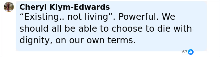 Comment by Cheryl Klym-Edwards about dignity and choice to die with dignity following Holocaust survivor Ruth Posner and husband&rsquo;s actions.