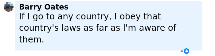 Comment on social media from Barry Oates discussing obeying country laws amid a TV star facing capital punishment in China. Comment on social media from Barry Oates discussing obeying country laws amid a TV star facing capital punishment in China.