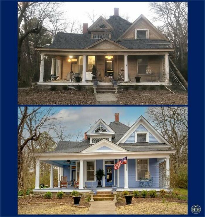 Side-by-side before and after images of a house that was restored to historical glory with fresh paint and repairs