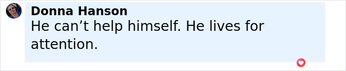 Screenshot of a social media comment by Donna Hanson saying he lives for attention about Justin Trudeau romance midlife crisis.