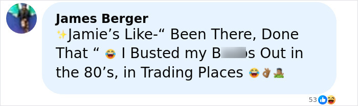 Screenshot of a social media comment reacting humorously to Jamie Lee Curtis&rsquo; response to Sydney Sweeney&rsquo;s braless look controversy.
