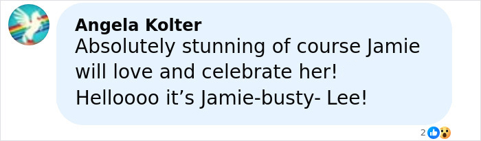 User comment by Angela Kolter praising Jamie Lee Curtis' reaction to Sydney Sweeney&rsquo;s braless look sparking online drama.