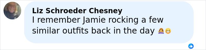Screenshot of a Facebook comment mentioning Jamie Lee Curtis reflecting on past outfit styles related to the online drama.