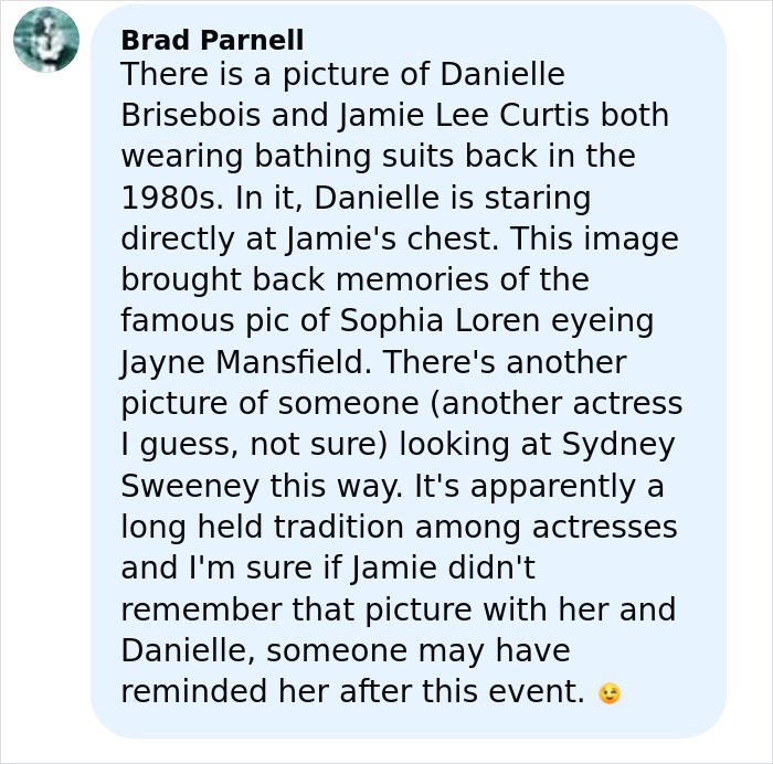 Jamie Lee Curtis reacting to Sydney Sweeney&rsquo;s braless look in Read The Room sparks online drama discussion.