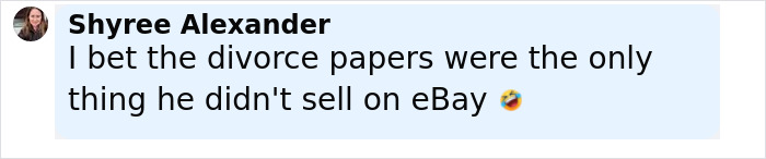 Text comment from Shyree Alexander joking about divorce papers not being sold on eBay, related to Britney Spears and Kevin Federline memoir.