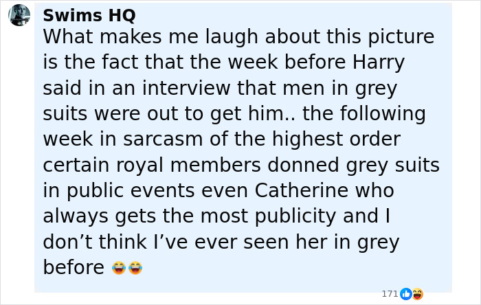 Comment about servicemen in grey suits seemingly checking out Kate Middleton sparking hilarious reactions online.
