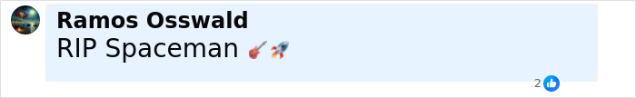 Comment from Ramos Osswald saying RIP Spaceman with guitar and rocket emojis on a social media post about Ace Frehley's passing.