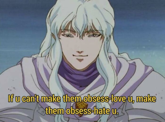 Anime character with long white hair smiling, with a meme text about obsession, reflecting evil thoughts humor.