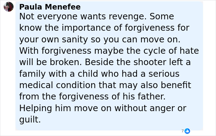 Comment by Paula Menefee on forgiveness and healing after the attack on the Michigan Mormon church shooter.