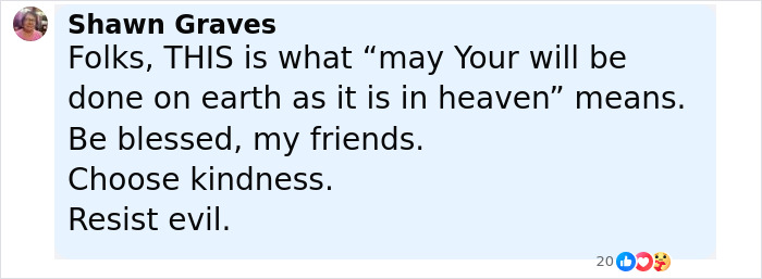 Screenshot of social media post by Shawn Graves emphasizing kindness and resisting evil in response to Michigan church attack fundraising.