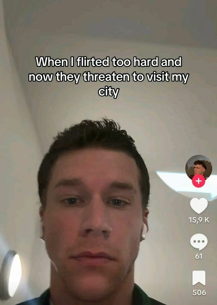 Young man with earbuds showing a confused expression in an unhinged meme about evil thoughts and flirting consequences.