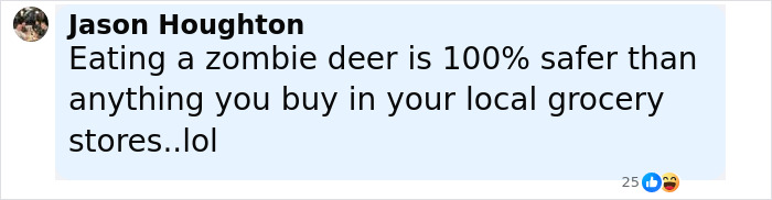 Comment about zombie deer disease safety compared to grocery store food, emphasizing the topic of zombie deer disease detection. Comment about zombie deer disease safety compared to grocery store food, emphasizing the topic of zombie deer disease detection.