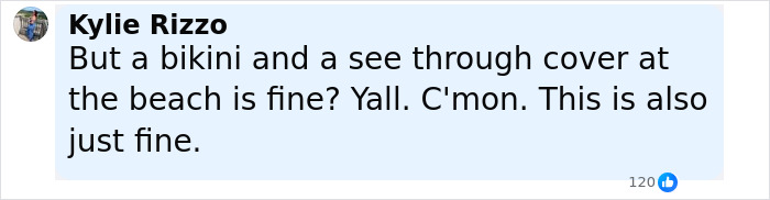 Comment about wearing see-through outfits and bikinis at the beach, reflecting on risqu&eacute; fashion choices.