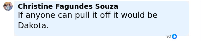 Comment mentioning Dakota Johnson&rsquo;s ability to pull off see-through outfits, shared on social media.