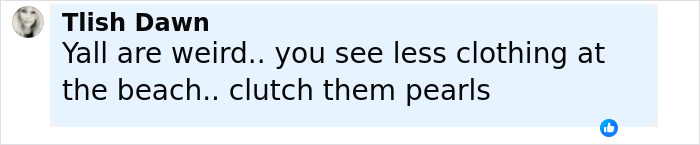 Comment by Tlish Dawn with a profile picture, discussing clothing and pearls in a casual social media post.