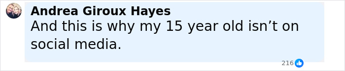 Facebook comment by Andrea Giroux Hayes explaining why her 15-year-old child is not on social media after 12YO lost life subway surfing.