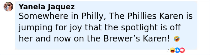 Twitter comment by Yanela Jaquez mentioning Phillies Karen and Brewer&rsquo;s Karen in a baseball conversation.