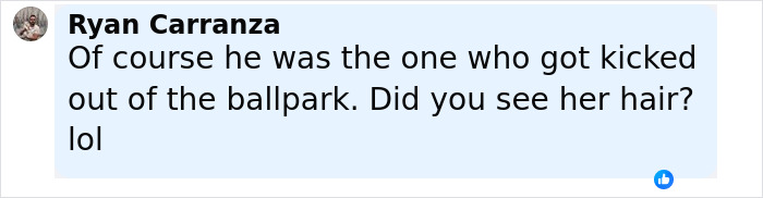 Comment by Ryan Carranza mentioning someone getting kicked out of the ballpark related to baseball Karen incident.