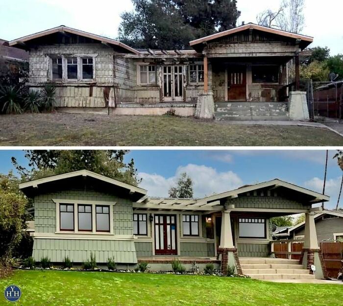 Old house before and after restoration showcasing historical house renovation and preservation of classic architectural style.