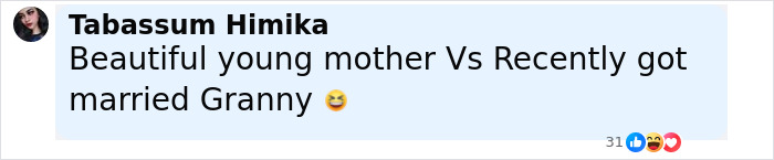 Social media comment about a beautiful young mother compared to a recently married granny with laughing emojis.