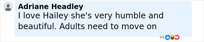 Social media comment praising Hailey Bieber as humble and beautiful while addressing the renewed Selena Gomez feud.