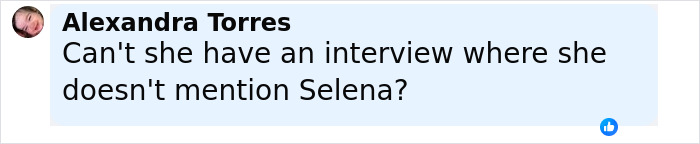 Facebook comment by Alexandra Torres questioning if Hailey Bieber can have an interview without mentioning Selena Gomez.