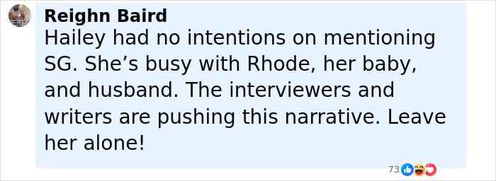 Screenshot of a social media comment disputing Hailey Bieber reopening the Selena Gomez feud with a shady diss.