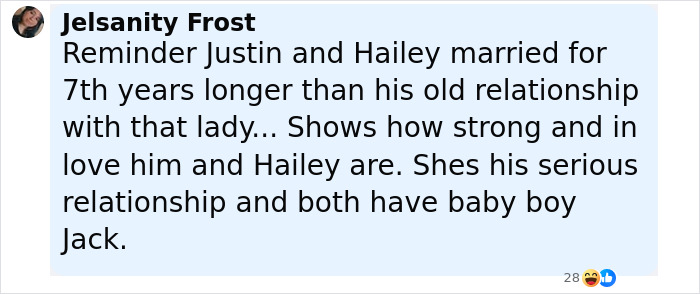 Comment about Justin and Hailey's strong marriage with mention of Hailey Bieber in Selena Gomez feud context.