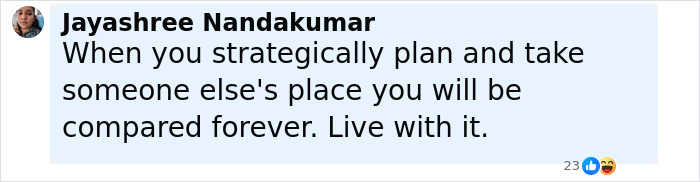Jayashree Nandakumar commenting on strategy and comparison, linked to Hailey Bieber and Selena Gomez feud context.