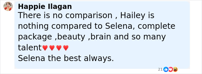 Comment praising Selena Gomez over Hailey Bieber amid feud, highlighting beauty, talent, and support for Selena.
