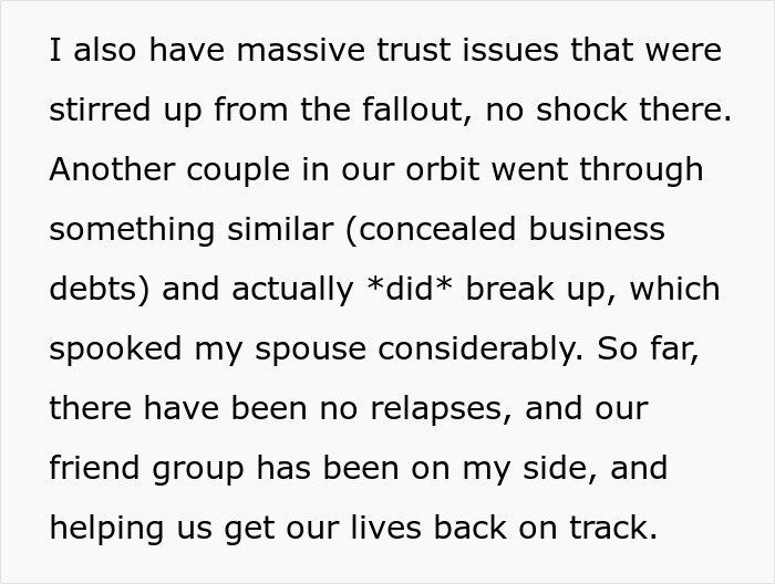 Person with trust issues after falling for scam investment, revealing zero savings and immense debt to spouse. Person with trust issues after falling for scam investment, revealing zero savings and immense debt to spouse.