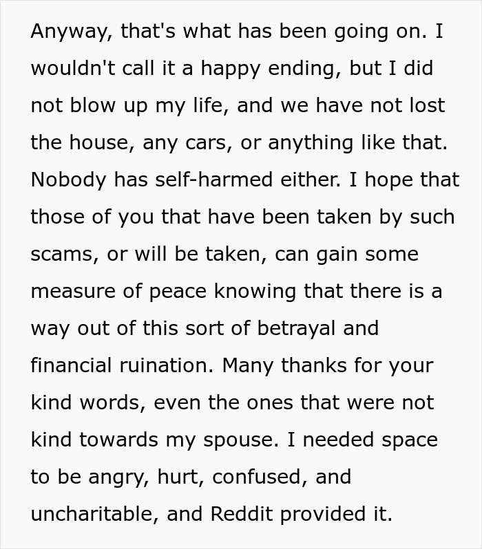 Text excerpt discussing financial ruin and recovery after falling victim to a scam investment and its impact on spouse. Text excerpt discussing financial ruin and recovery after falling victim to a scam investment and its impact on spouse.