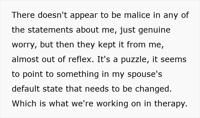 Text on white background discussing worry, therapy, and a spouse's default state needing change, related to scam investment debt. Text on white background discussing worry, therapy, and a spouse's default state needing change, related to scam investment debt.