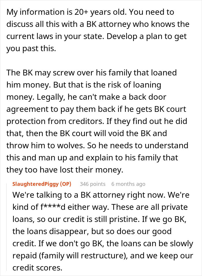 Text conversation about bankruptcy risks, debts from family loans, and impact on credit scores and investments. Text conversation about bankruptcy risks, debts from family loans, and impact on credit scores and investments.