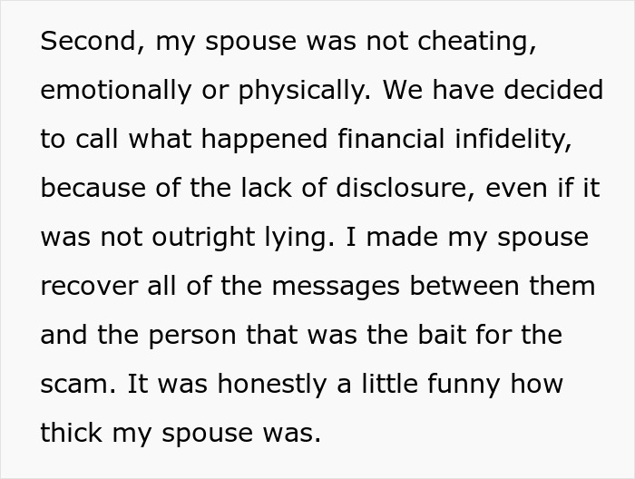Text about financial infidelity and recovering messages revealing a spouse falling for a scam investment. Text about financial infidelity and recovering messages revealing a spouse falling for a scam investment.