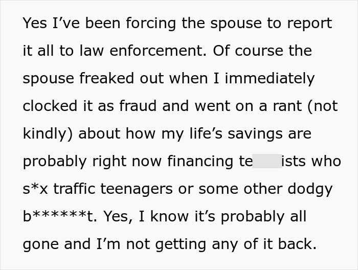 Text about an educated person discovering a scam investment causing zero savings and immense debt, shocking their spouse. Text about an educated person discovering a scam investment causing zero savings and immense debt, shocking their spouse.
