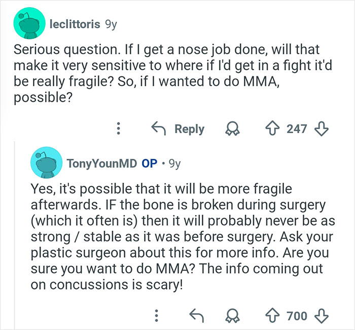 Reddit question about nose job fragility after surgery answered by plastic surgeon with advice on MMA risks.