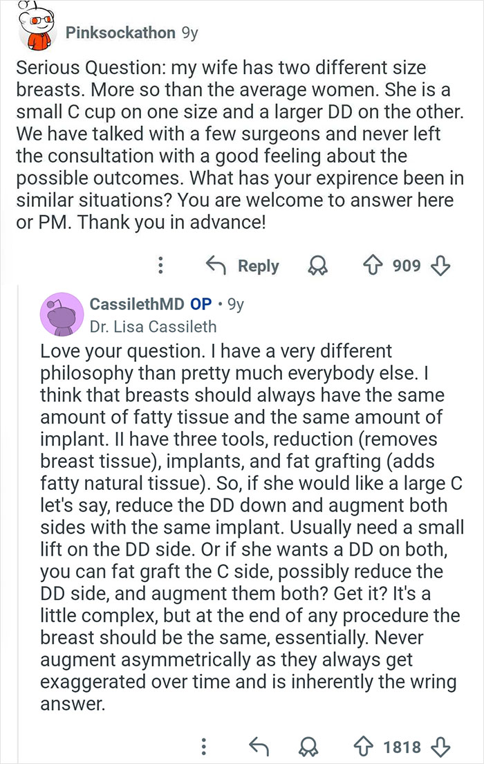 Reddit Q&A discussing breast asymmetry and surgical options from plastic surgeons on cosmetic work outcomes.